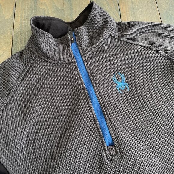Spyder Dark Gray Blue Black Waffle Grid Fleece 1/4 Zip Up Jacket - Men's M (S8) - Picture 2 of 10
